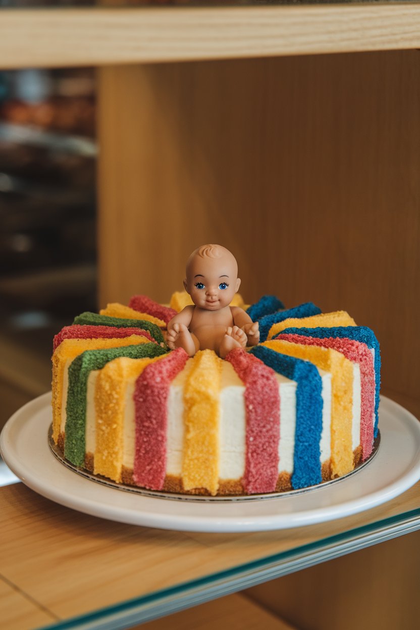 An indoor bakery display featuring a cheesecake topped with colored sugar stripes and a tiny plastic baby in the center. No text or logos. Photo.