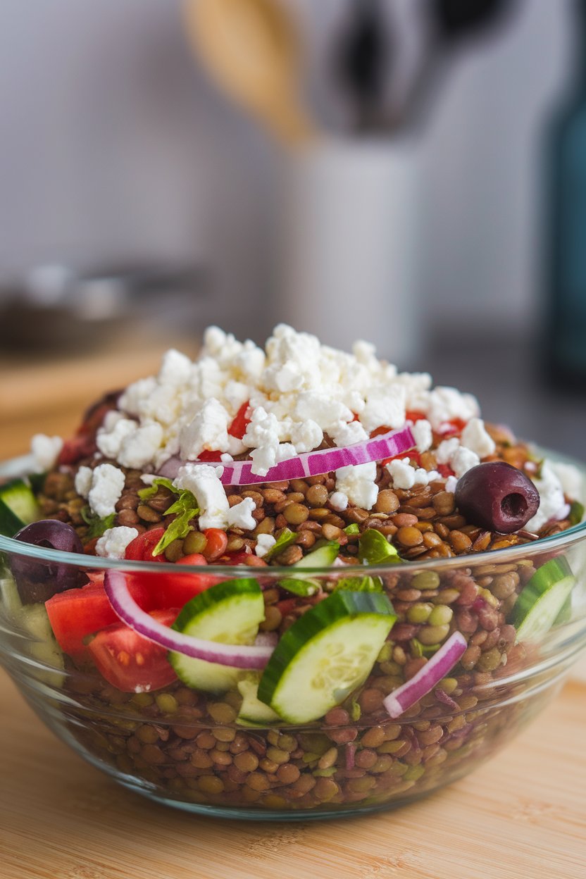 Photo indoors of a salad bowl filled with brown lentils, cucumber, tomato, red onion, and olives, topped with feta, no text.