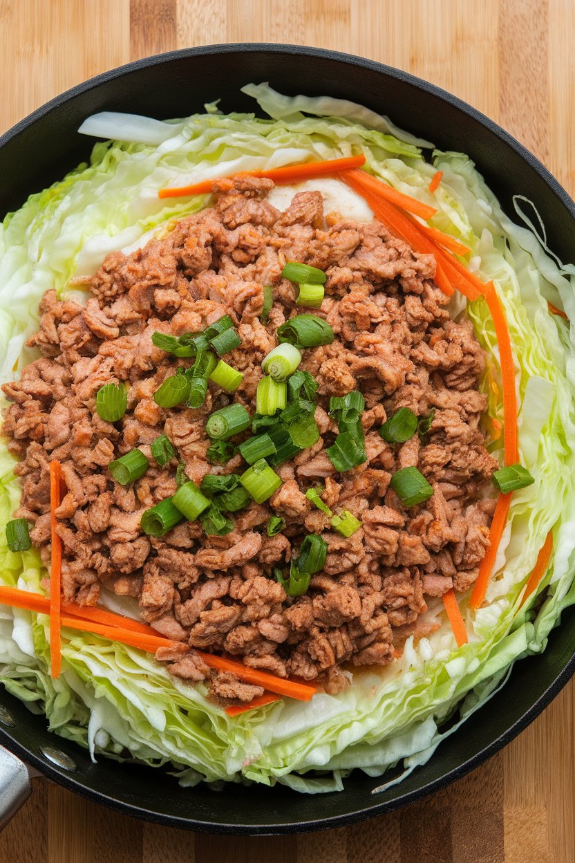 Indoor skillet showing cooked ground turkey, shredded cabbage, carrots, and green onions tossed in light soy-ginger sauce. No text or logos anywhere.