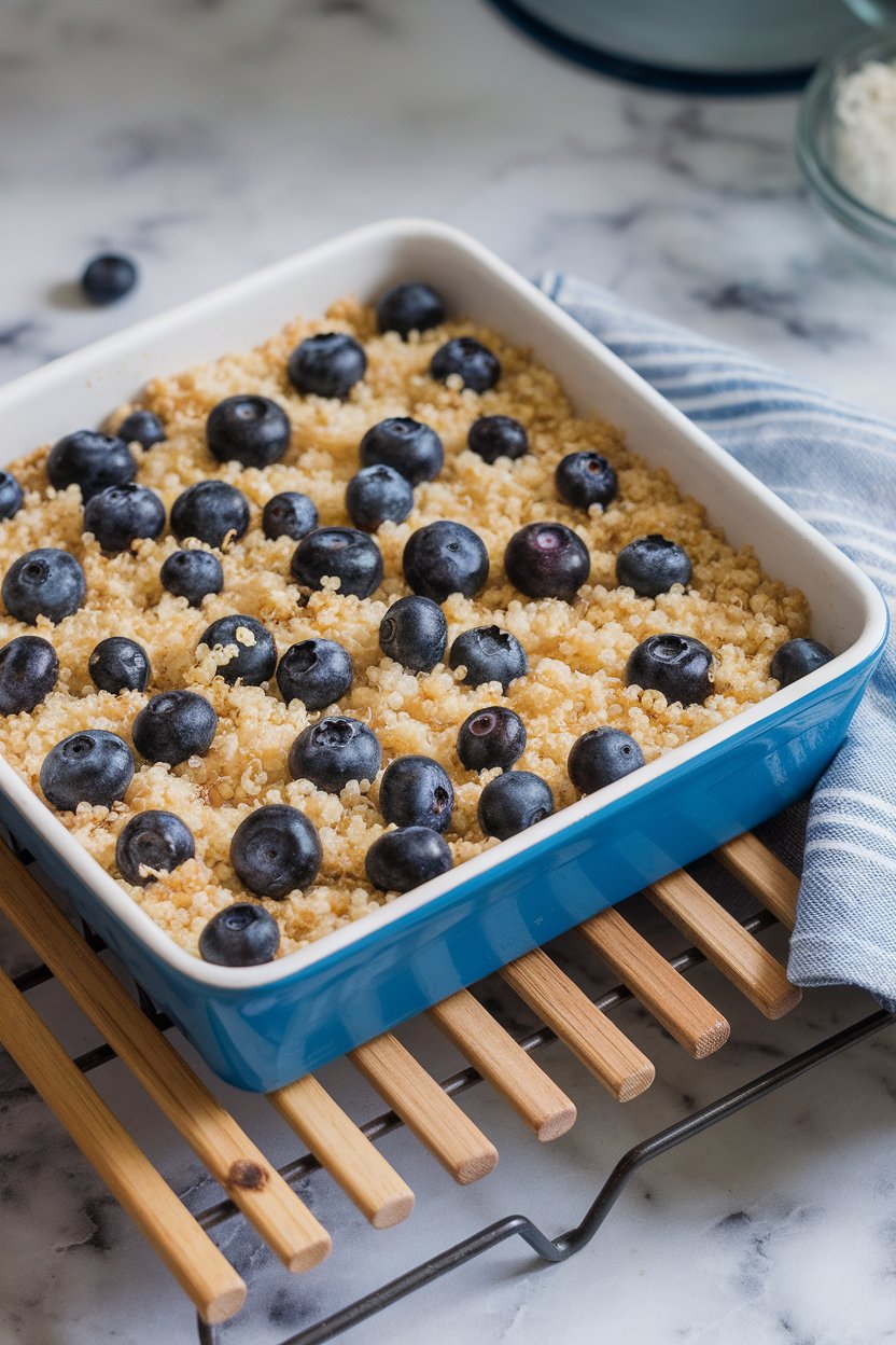 Indoor photo of a square baking dish with golden quinoa studded with blueberries, sitting on a cooling rack. No text or logos.