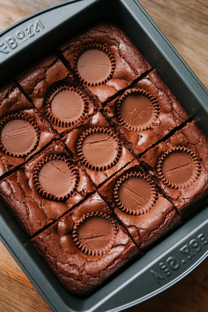 Indoor brownie pan sliced to reveal whole peanut butter cups baked inside fudgy squares. No text or logos; photo, not illustration.