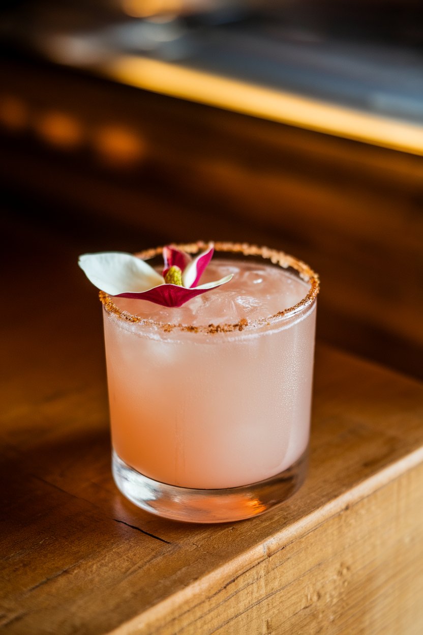 Photo of a lowball glass indoors with pale pink margarita, smoked salt rim and edible magnolia petal garnish, soft restaurant lighting, no text or logos
