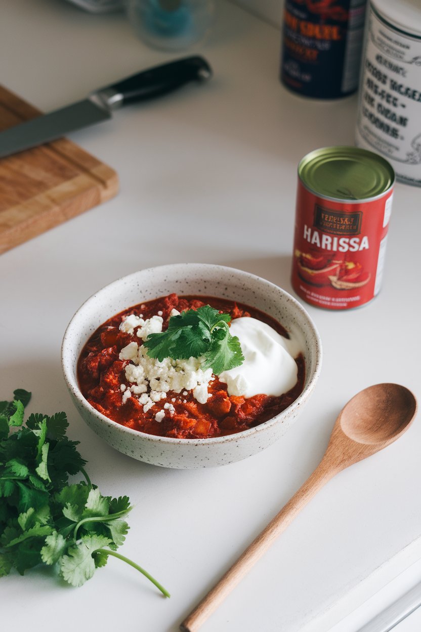 An indoor countertop displaying a bowl of deep-red harissa lamb chili, finished with a dollop of yogurt. No text or logos anywhere.