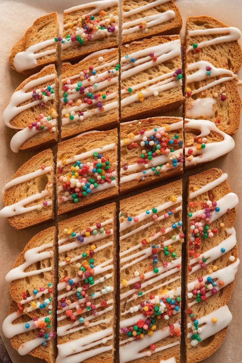 Indoor photo of long biscotti slices drizzled with white icing and colored sugars, arranged on a tray. No text or logos.