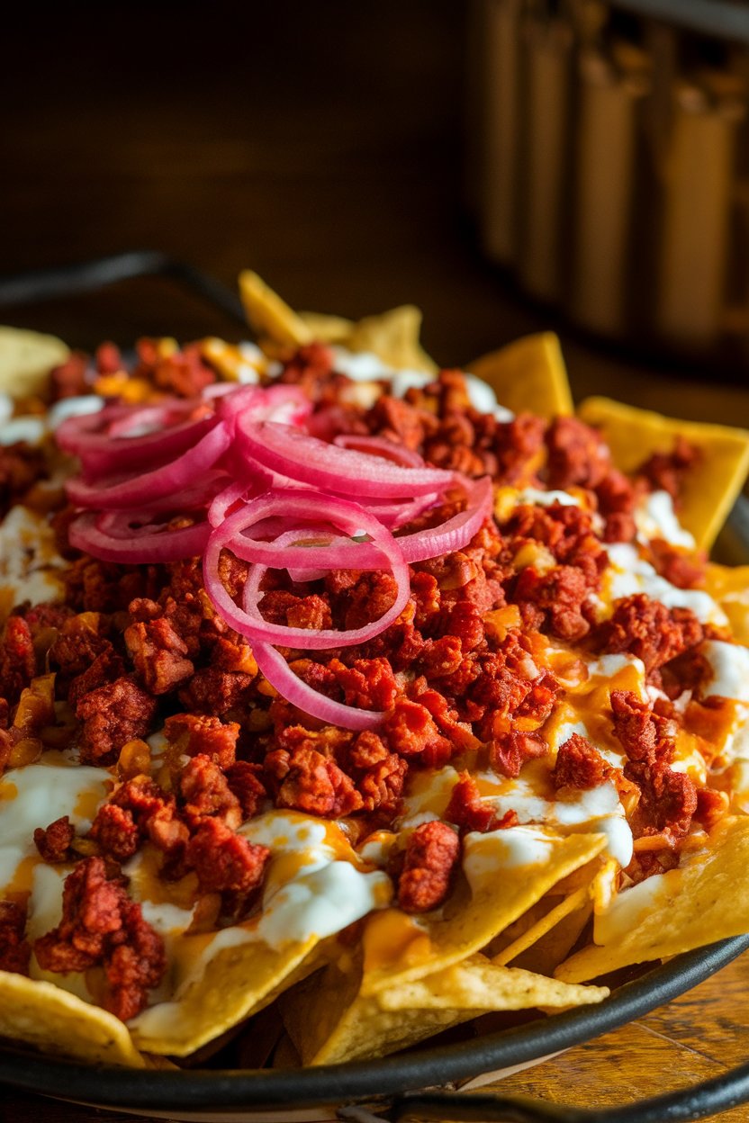 A warmly lit pan of nachos featuring crumbled chorizo, melted queso Oaxaca, and pickled red onions; no text or logos, photo not illustration.