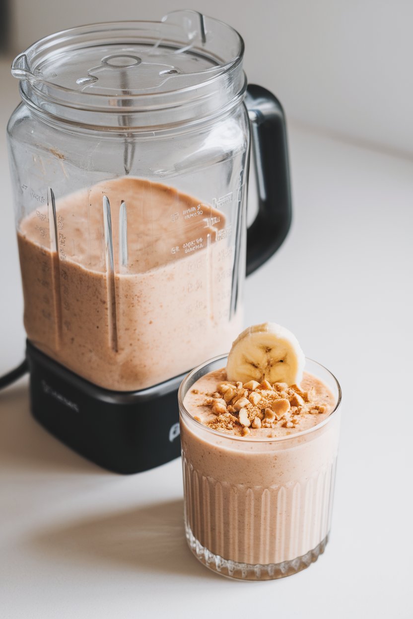 An indoor blender jar filled with creamy light-brown smoothie, beside a glass garnished with banana slice and peanut crumbs. No text or logos shown.