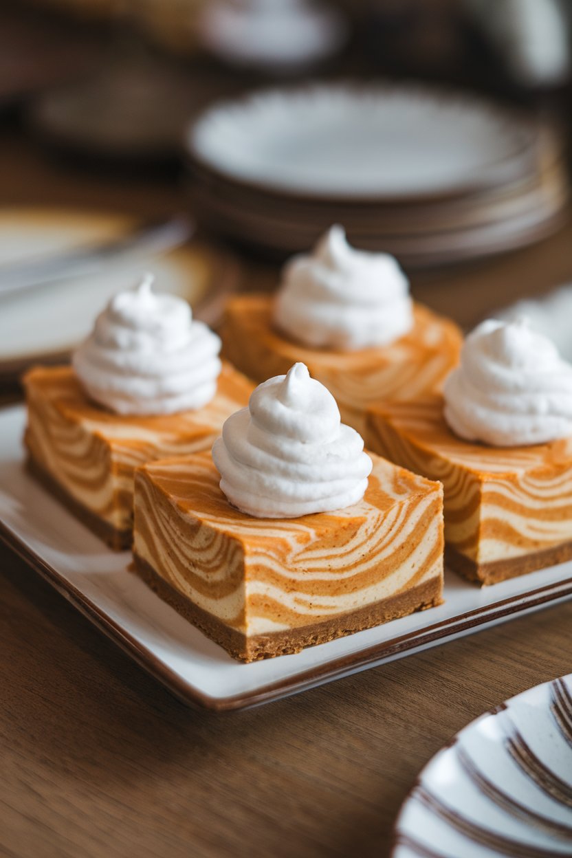 A square indoor plate featuring marbled pumpkin cheesecake bars with a graham crust, dollop of whipped cream on top. No text or logos; photo, not illustration.