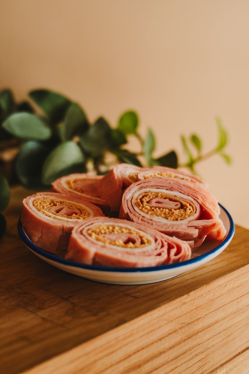 An indoor dining table showing deli-style turkey slices spread with hummus, rolled tightly, and sliced into bite-size pieces on a small white plate. No text or logos visible; photograph only.