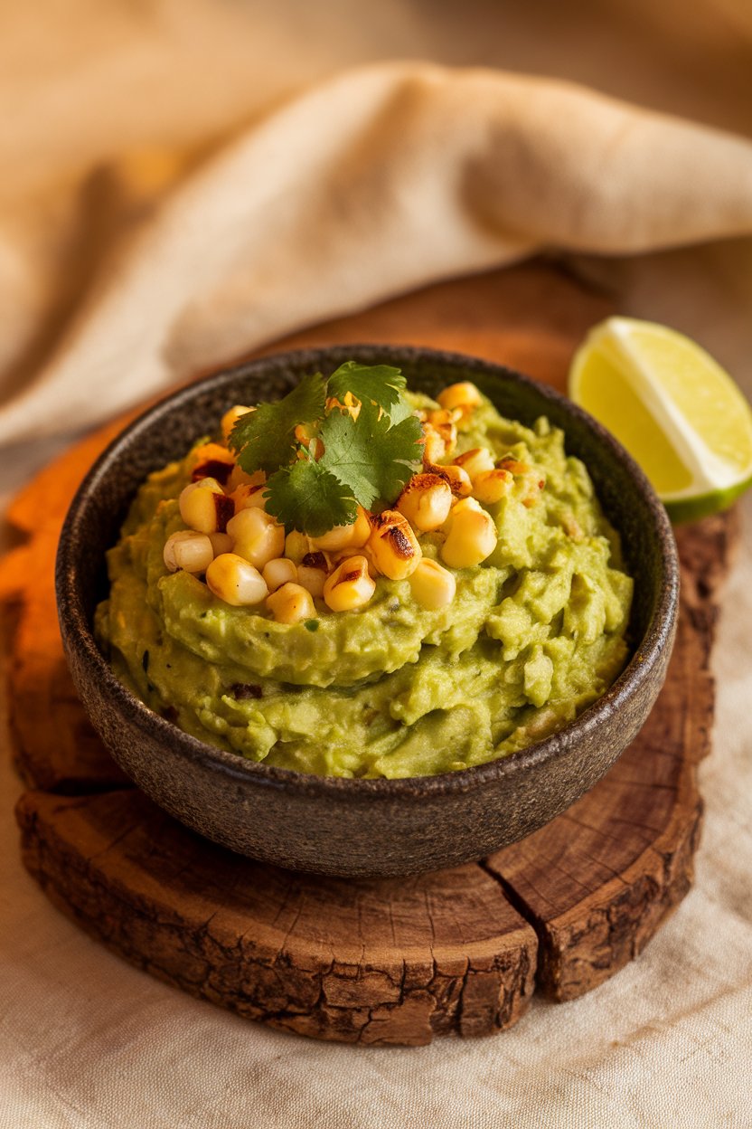 Indoor photo of a rustic bowl of chunky guacamole topped with kernels of charred corn and a sprinkle of cilantro, lime wedges on the side. Warm light, no text or logos.