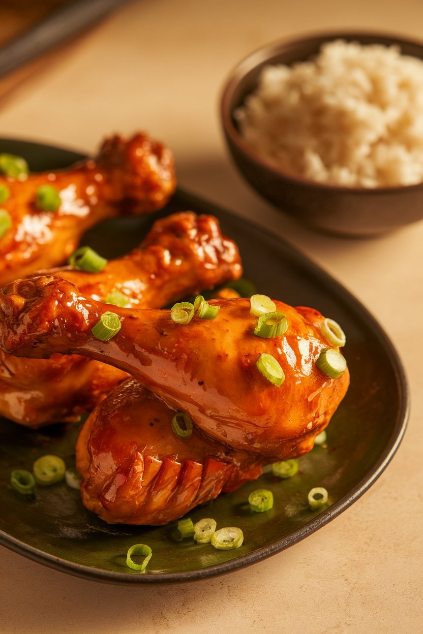Indoor platter of glossy teriyaki chicken drumsticks sprinkled with scallions beside a small bowl of rice. Photo only, logo-free.