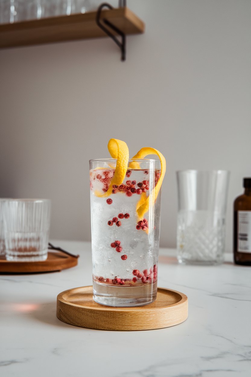 An indoor minimalist bar with highball glass of clear drink, pink peppercorns floating, lemon peel; photo, not illustration; no text or logos.