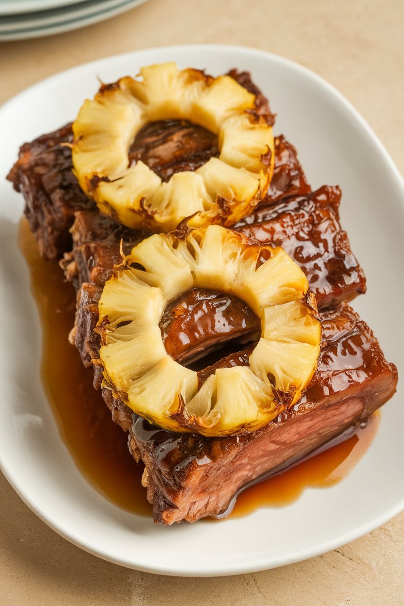Indoor photo of short ribs in sweet soy glaze with pineapple rings; no text or logos