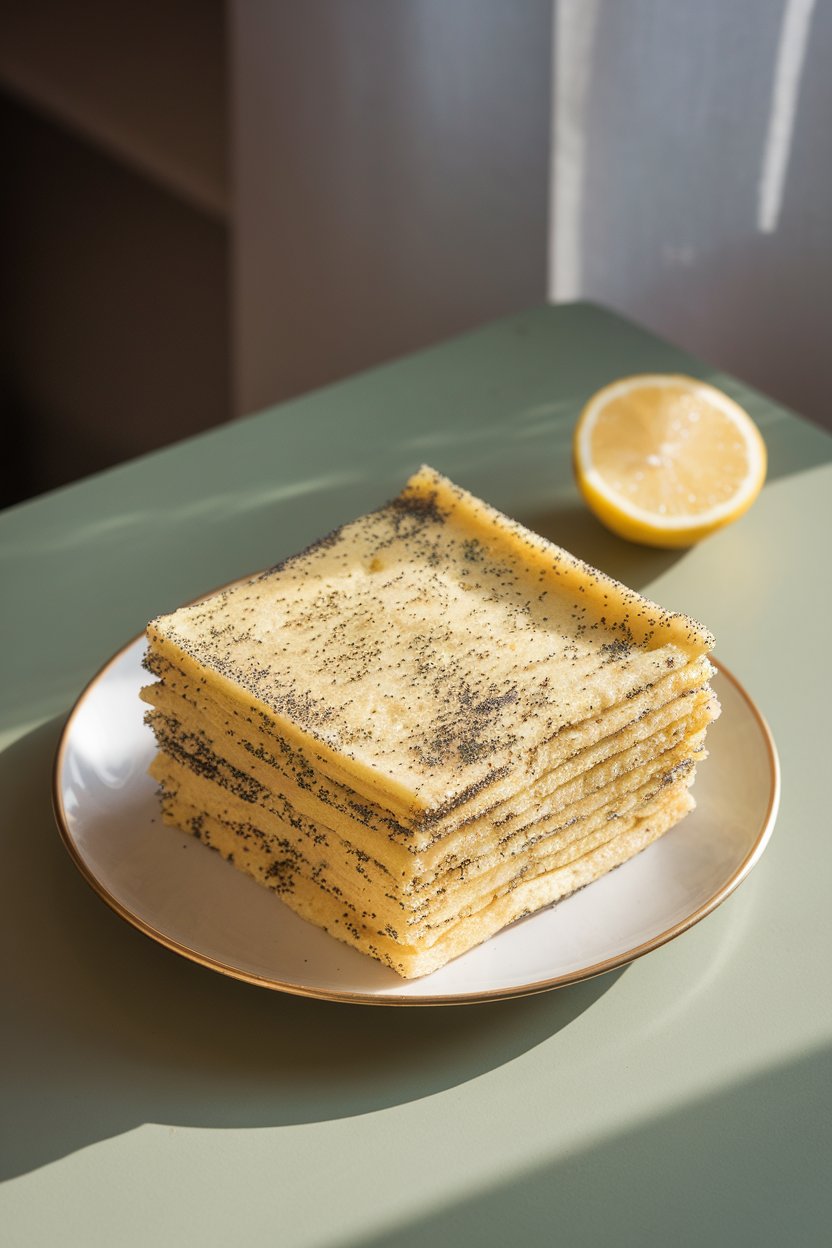 Indoor tabletop with a pale yellow pancake square flecked with poppy seeds, a lemon wedge to the side, soft morning light, no text or logos.