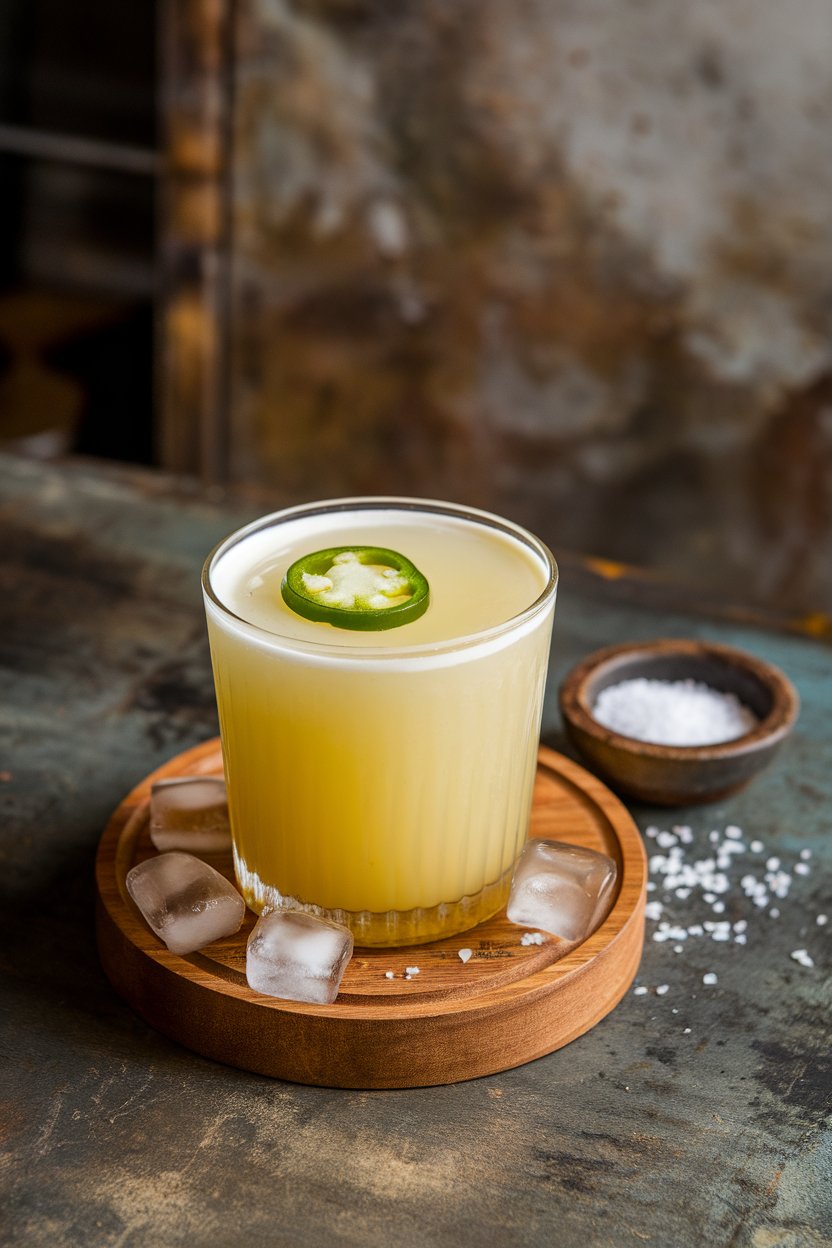 Indoor bar shot of a yellow drink with jalapeño slice floating, ice cubes, no text or logos.