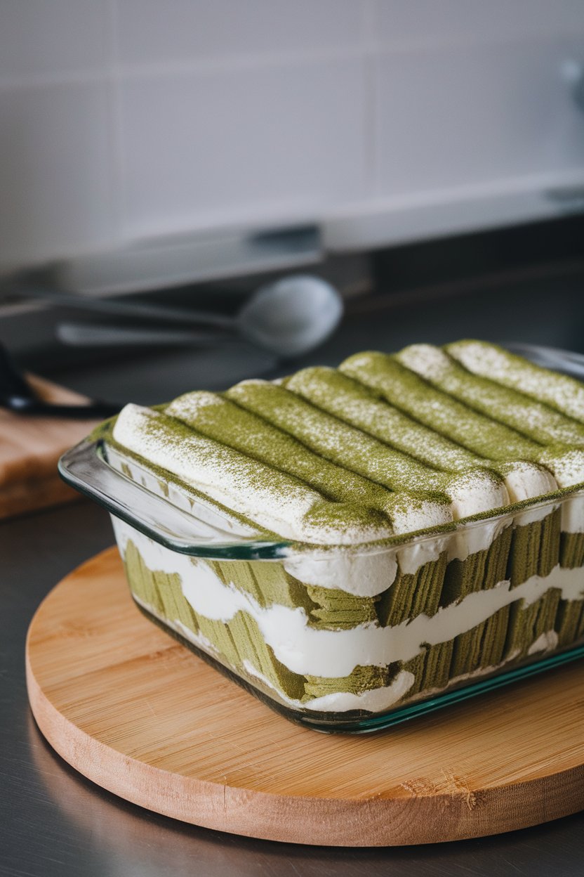 Glass baking dish indoors showing layers of matcha-soaked ladyfingers and mascarpone cream dusted generously with green tea powder. No text or logos.