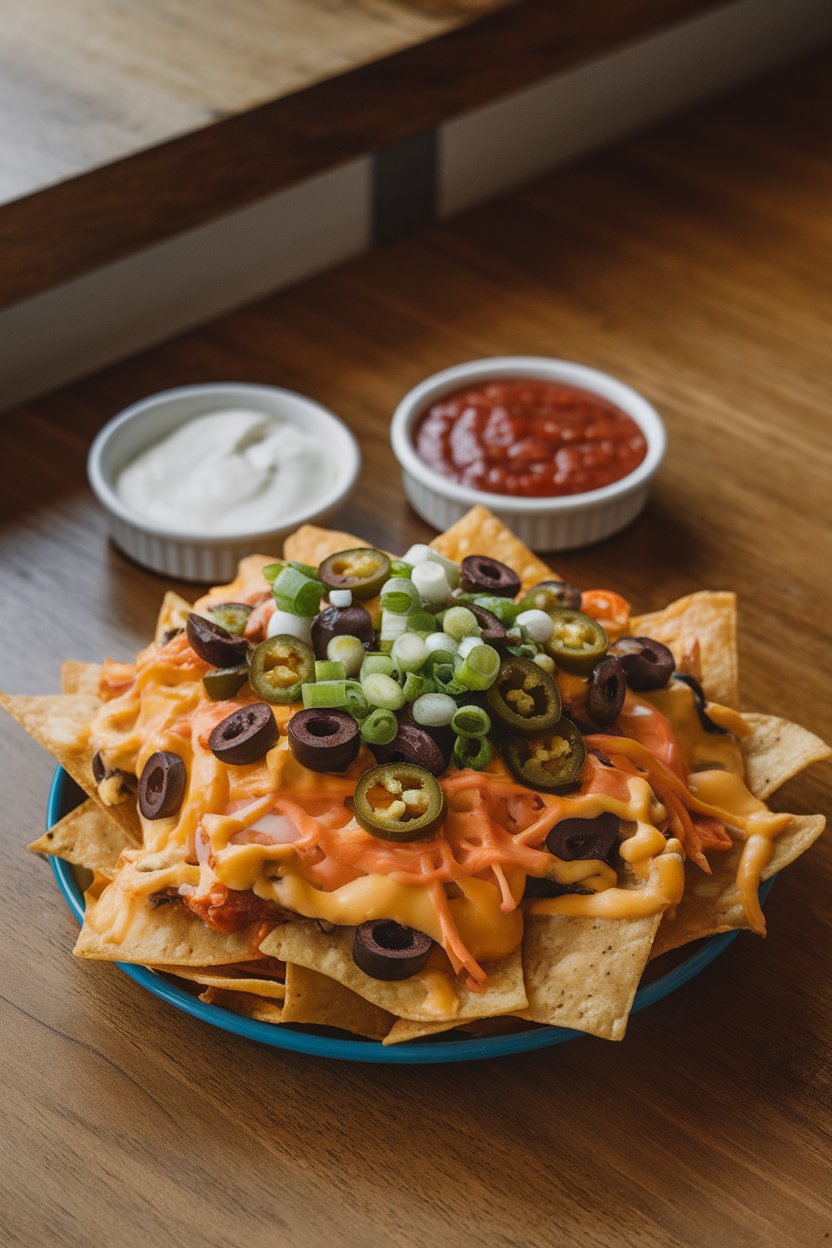 An indoor table with nachos blanketed in cheddar, Monterey Jack, and pepper jack layers; no text or logos, photo not illustration.