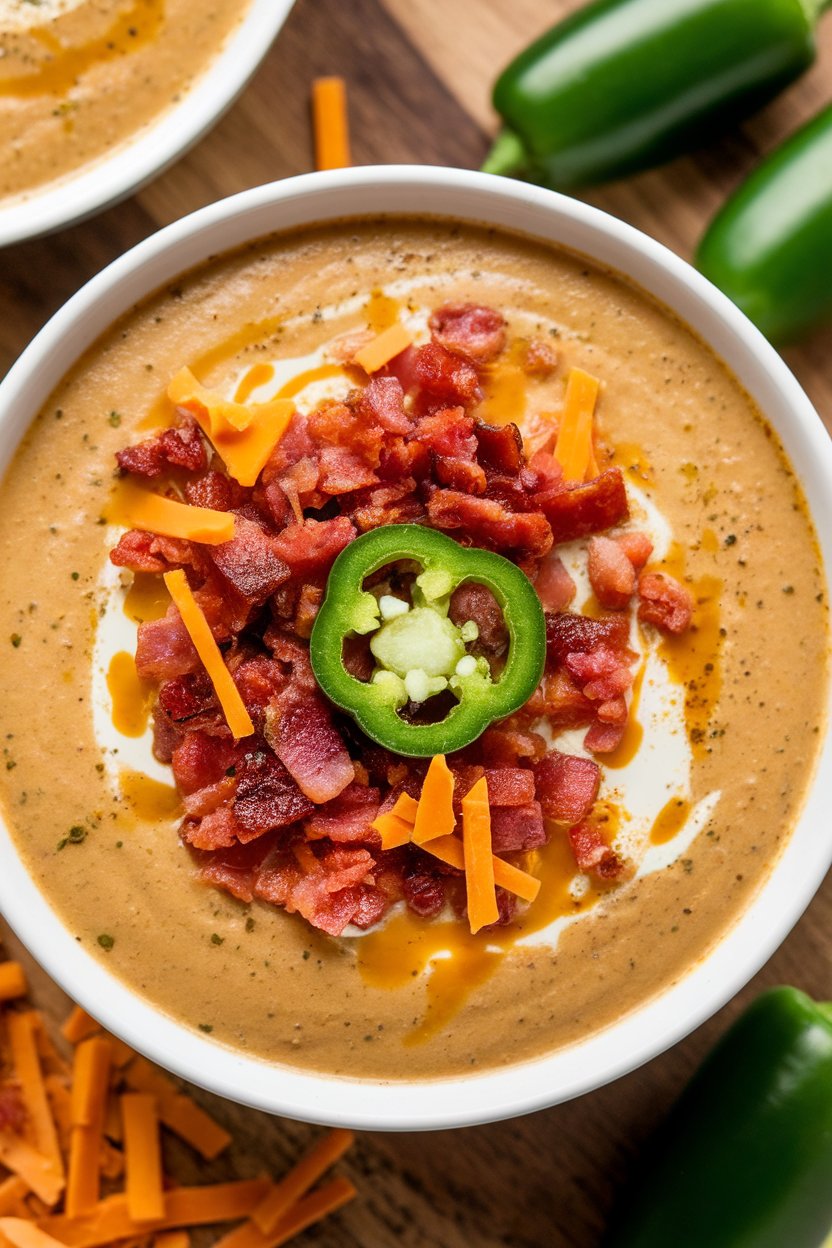 Indoor close-up of creamy jalapeño soup—visible diced jalapeños, bacon crumbles, and cheddar on top. No text or logos. Photo.