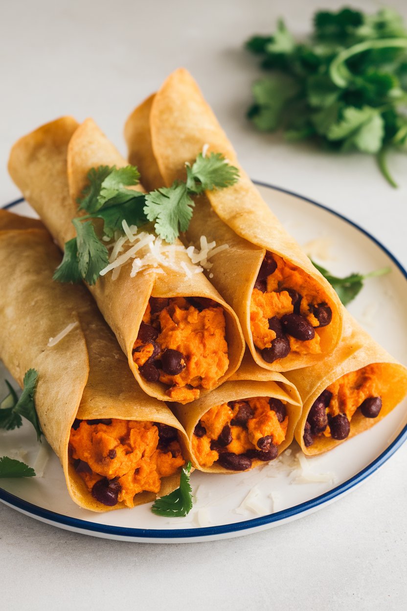 Indoor plate with crisp baked taquitos, ends open to reveal orange sweet potato mash and black beans, no text or logos.