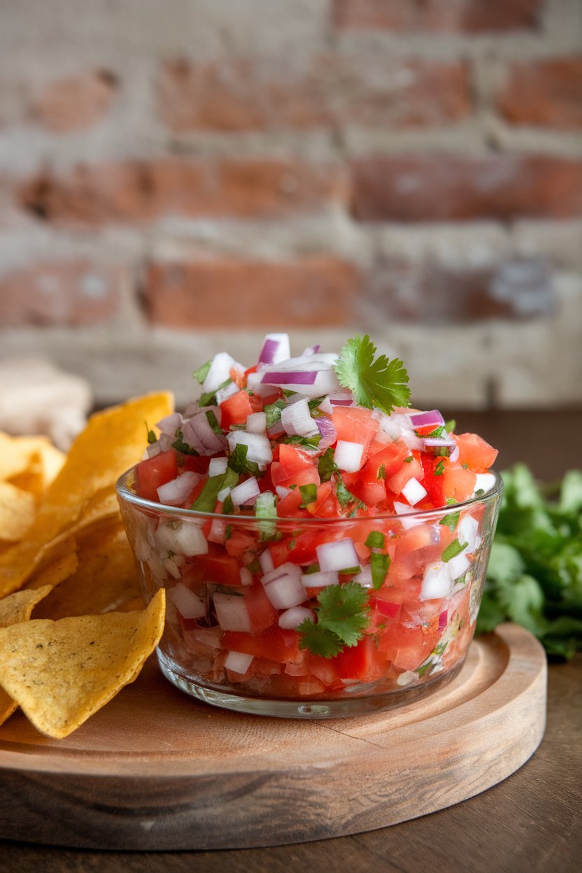 Indoor photo of a glass bowl filled with fresh pico de gallo—tomatoes, onions, cilantro—chips alongside, no text or logos.