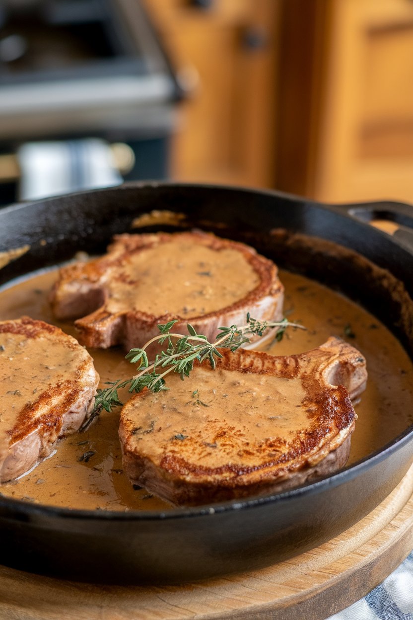 Indoor cast-iron skillet with bone-in pork chops nestled in onion-gravy, garnished with thyme sprigs. Photo, no text or logos.