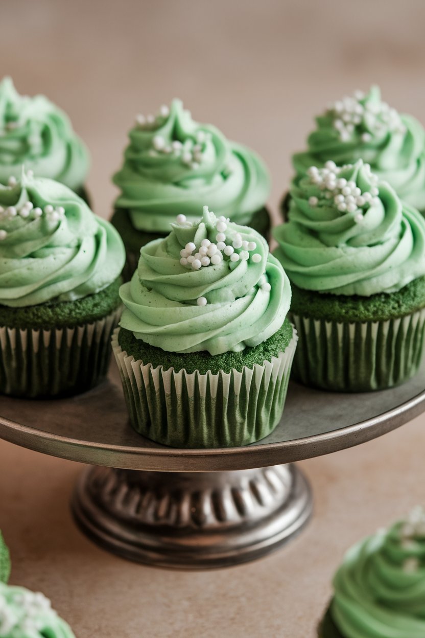 An indoor cake stand with frosted green velvet cupcakes topped with white sprinkles. No text or logos.
