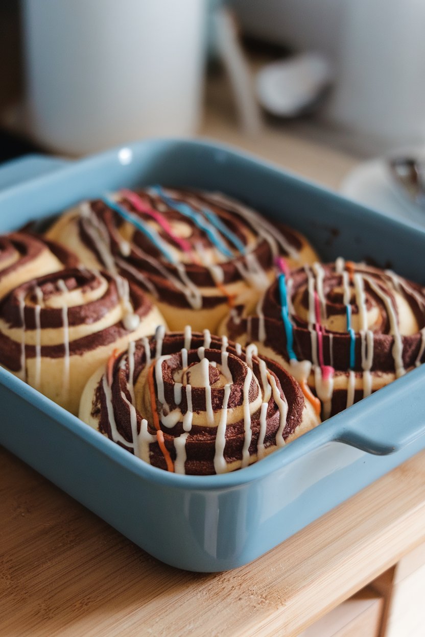 Indoor photo of spiral chocolate sweet rolls topped with praline glaze and colored sugar stripes, nestled in a baking dish. No text or logos visible.