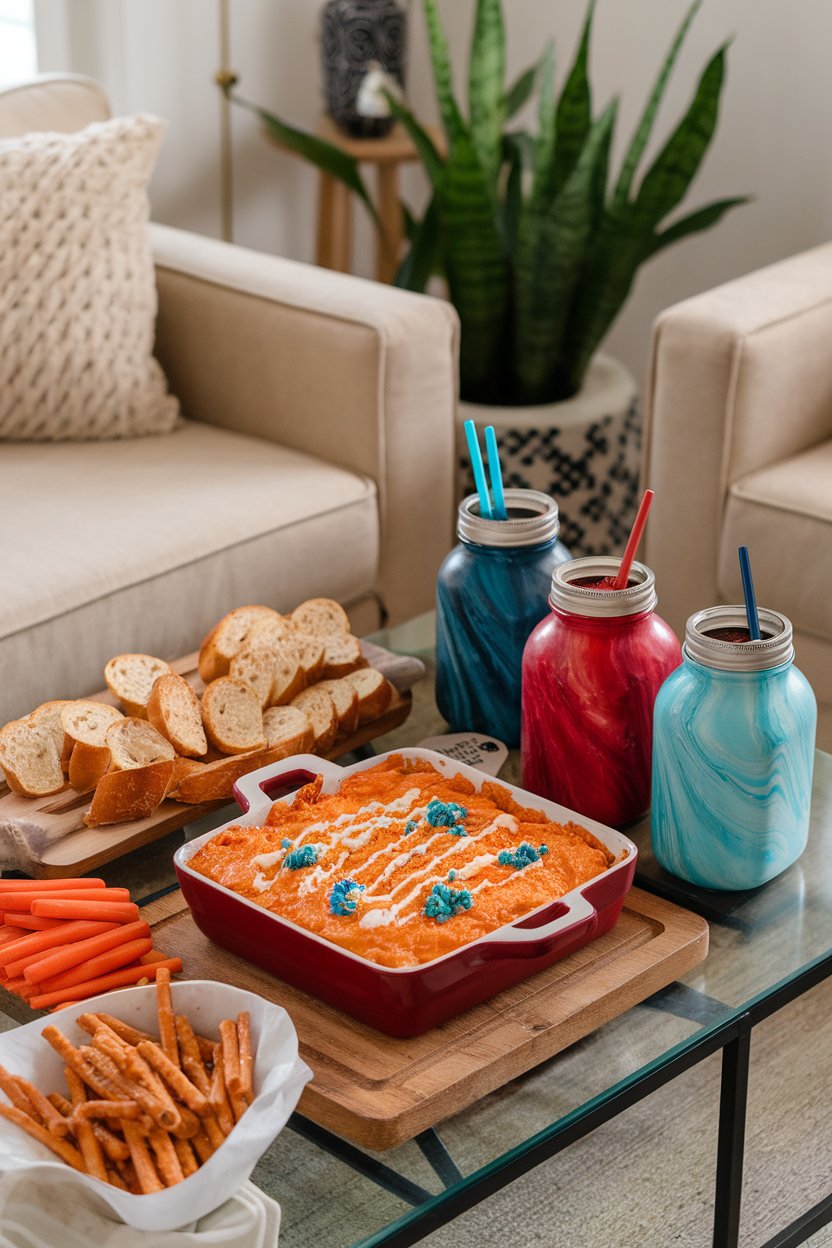 An indoor coffee table set for game day, showing a small baking dish of bubbling orange-hued buffalo chicken dip with a drizzle of blue cheese crumbles on top. No logos or text, photo only.