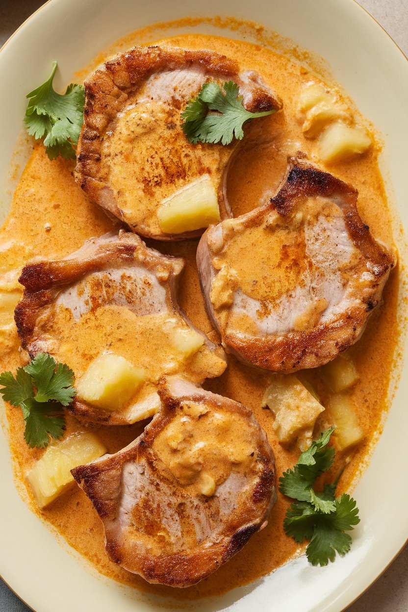 Plate of pork chops in creamy pineapple coconut sauce, cilantro garnish, no text or logos.