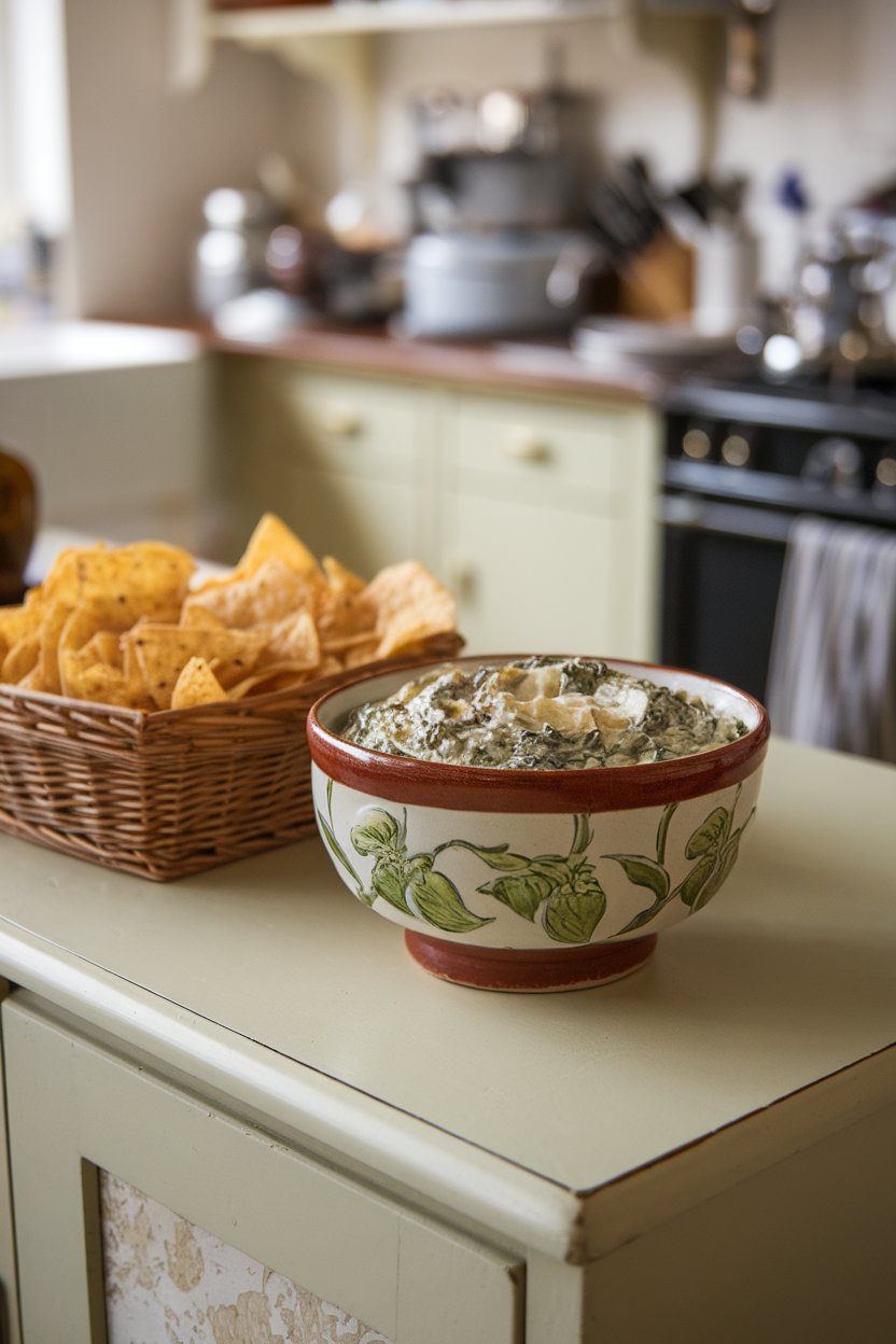 An indoor sideboard displaying a ceramic bowl of creamy spinach-artichoke dip with toasted tortilla chips in a basket. No text or logos anywhere.