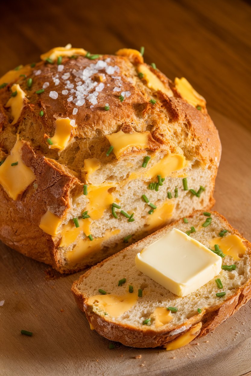Indoor photo of a round loaf of soda bread studded with melted cheddar and chopped chives, a pat of butter melting on a warm slice, no text or logos