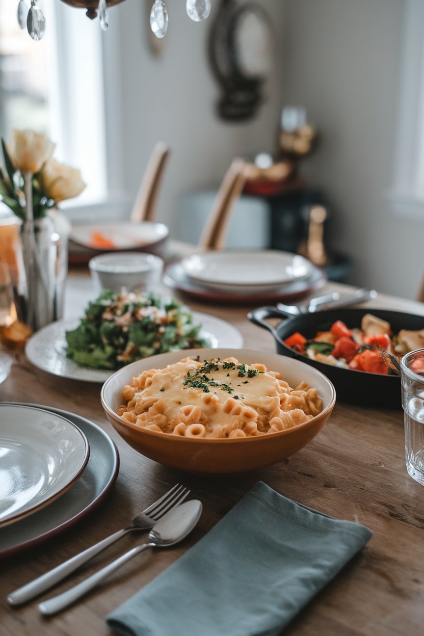 An indoor comfort-food table with a bowl of creamy macaroni made with high-protein chickpea pasta and light cheese sauce; no text or logos. Photo only.