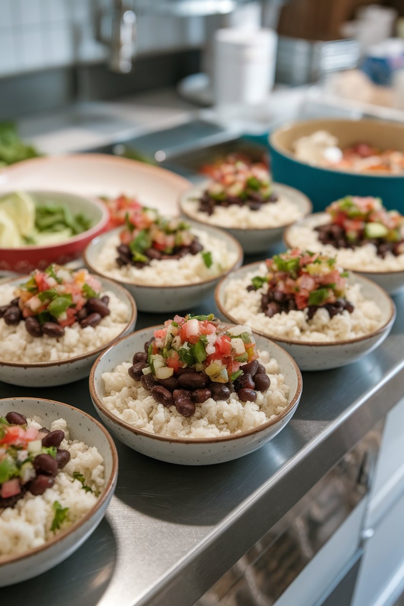 Photo of small bowls of cilantro-lime cauliflower rice topped with black beans and pico de gallo, on an indoor counter. No text or logos.