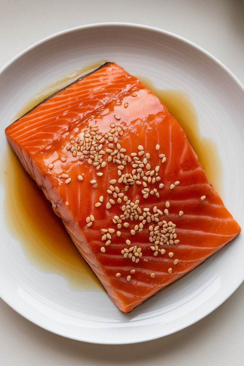 Indoor photo of salmon fillet lacquered with a dark maple soy glaze, sesame seeds sprinkled, served on white plate, no text or logos