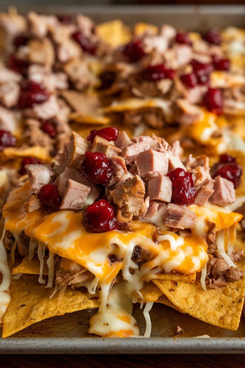 Sheet pan indoors with nachos topped by diced roast turkey, cranberry sauce dollops, and melted Swiss; no text or logos, photo not illustration.