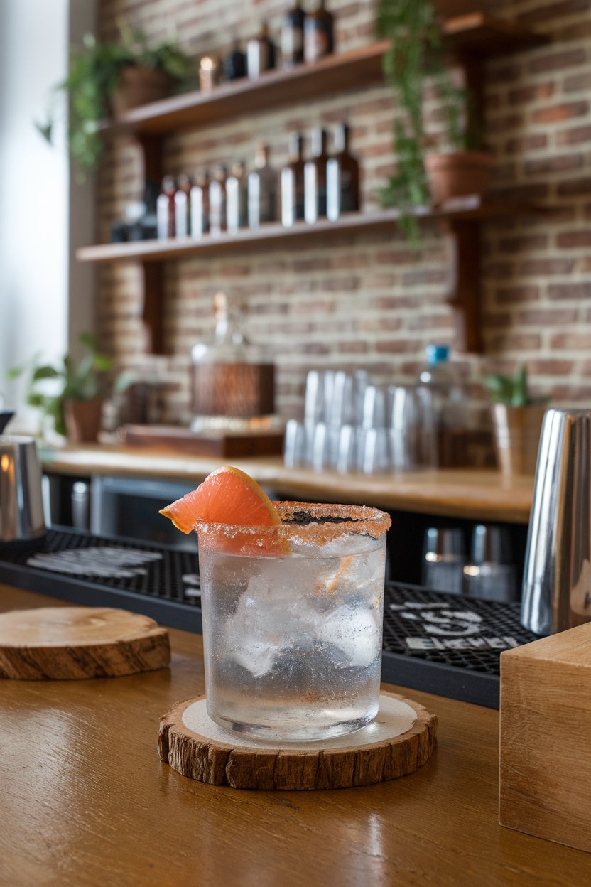 Indoor rustic bar scene with rocks glass of clear soda, smoked sea salt rim, grapefruit twist, no brand labels.