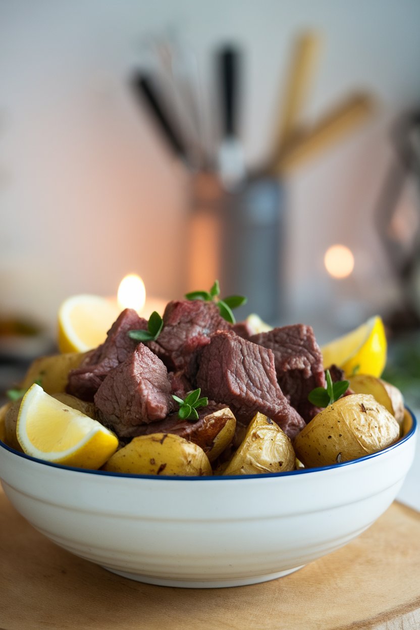 Indoor white bowl of beef chunks with roasted potatoes, lemon wedges and oregano leaves. No logos or text.
