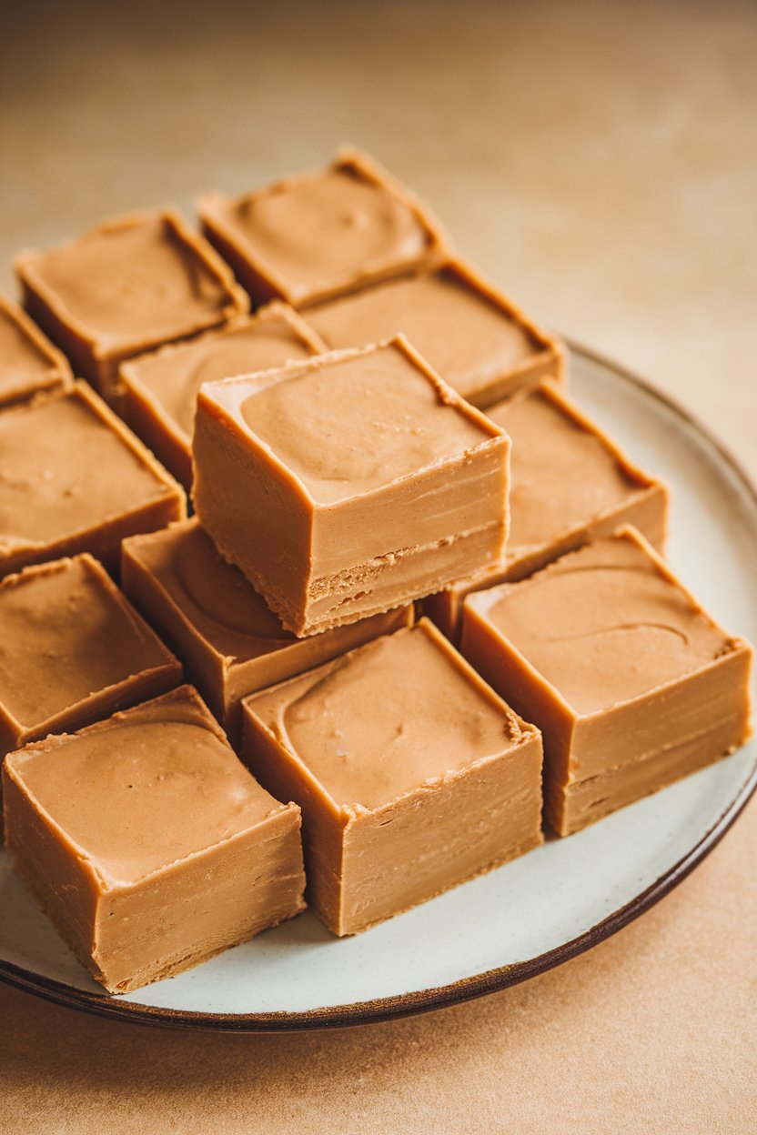 Indoor photo of creamy peanut butter fudge squares arranged neatly on a plate; no text or logos.