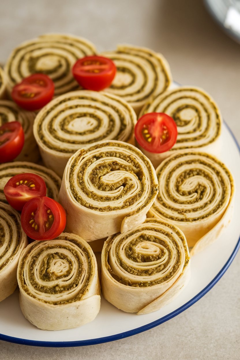 Indoor photo of platter of pesto chicken tortilla pinwheels showing green spiral layers, cherry tomato garnish. No text or logos.