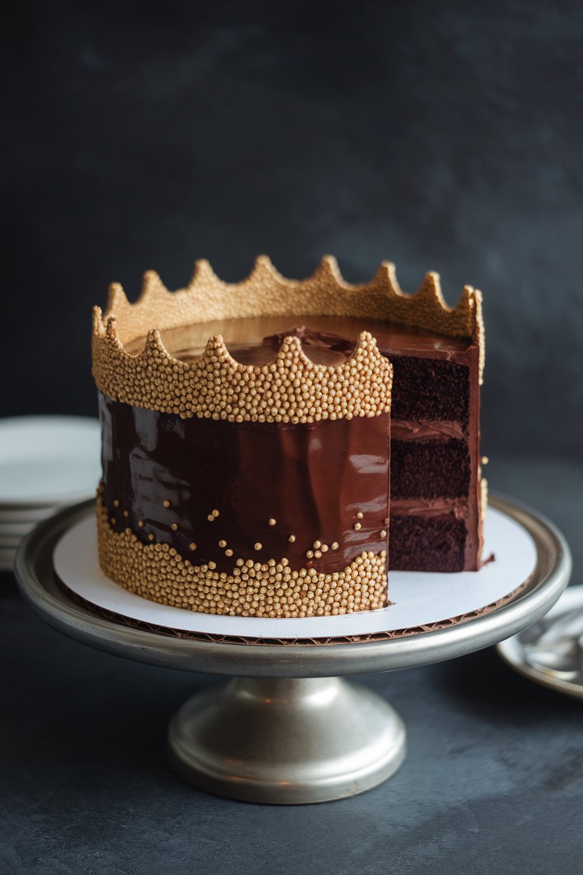 An indoor spotlighted cake stand showcasing a glossy dark-chocolate layer cake, gold sprinkle crown border, slice removed to reveal fudgy interior—no text or logos.