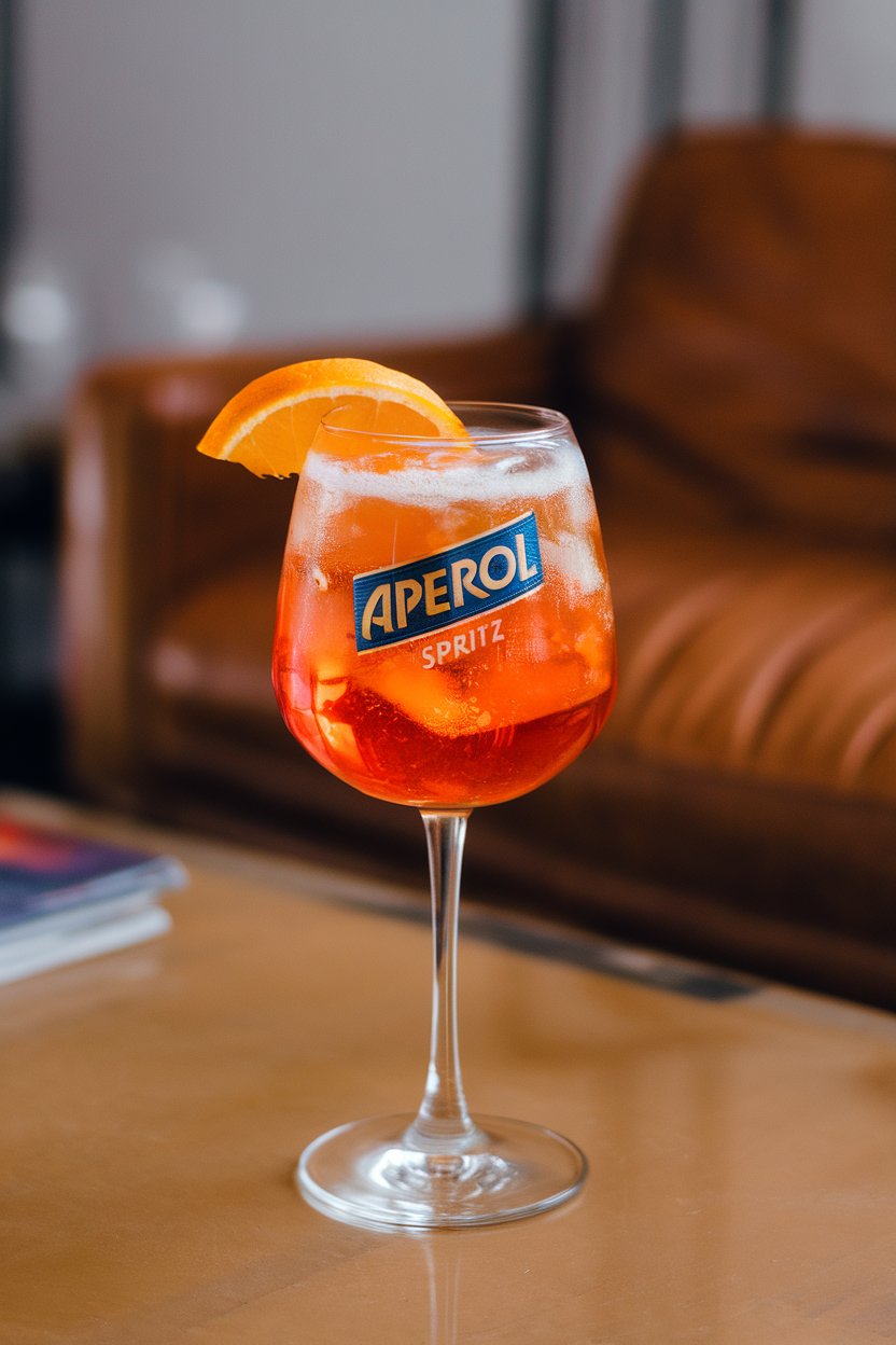 A stemmed wine glass on an indoor coffee table, filled two-thirds with orange Aperol Spritz topped with effervescent bubbles and an orange half-moon, no logos. Photo only.