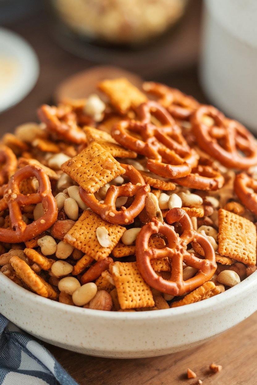 Indoor photo of homemade Chex mix with visible pretzels and nuts, lightly seasoned, no text or logos.