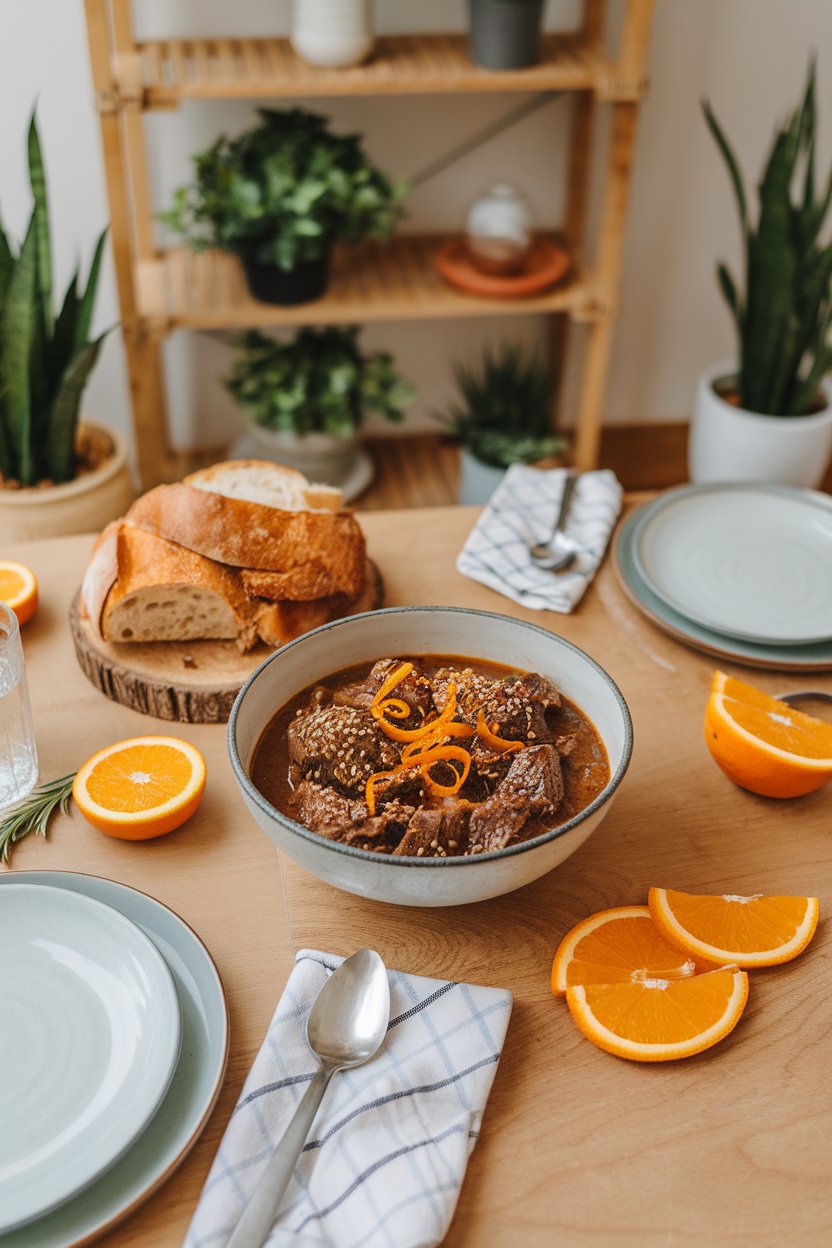 Indoor dinner table featuring a bowl of beef stew flecked with sesame seeds and orange zest ribbons. No text or logos. Photo.