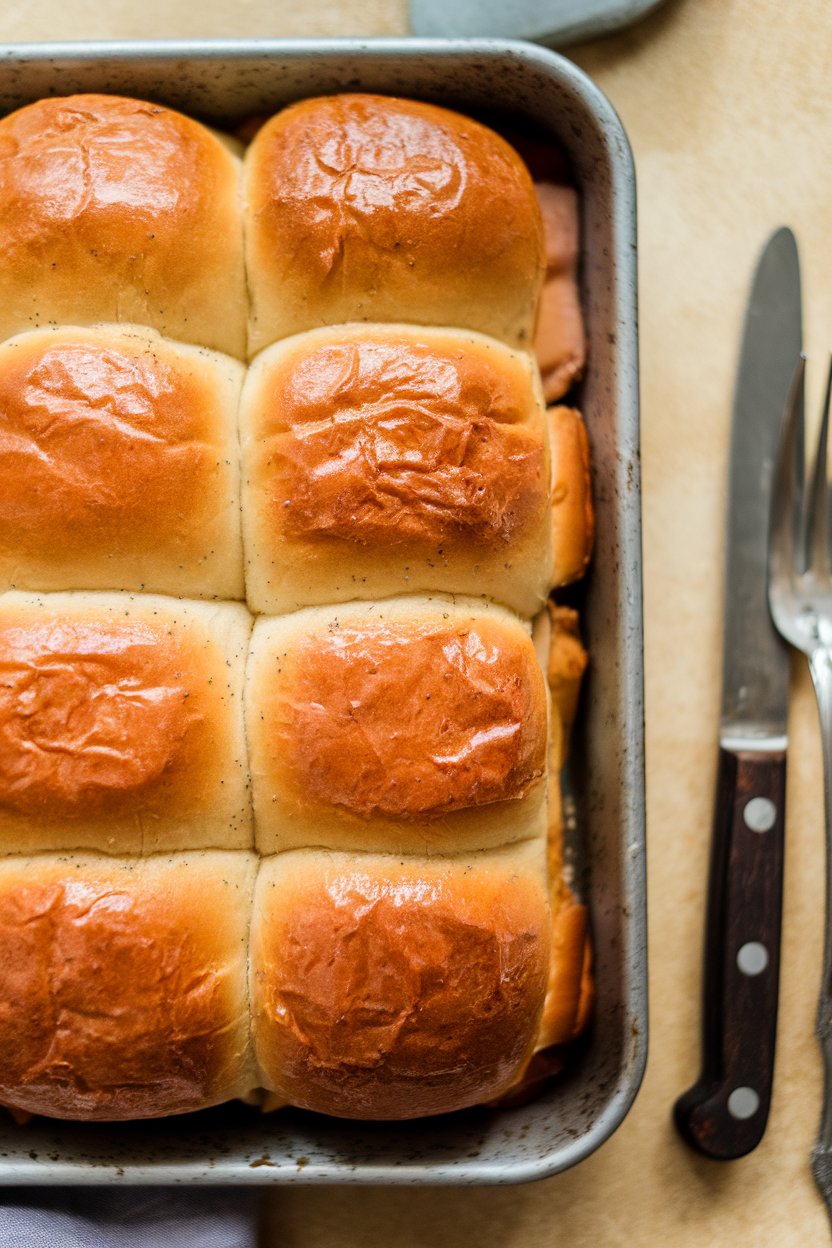 Indoor photo of pull-apart ham and Swiss sliders with poppy seed butter glaze on a baking dish. No text or logos.