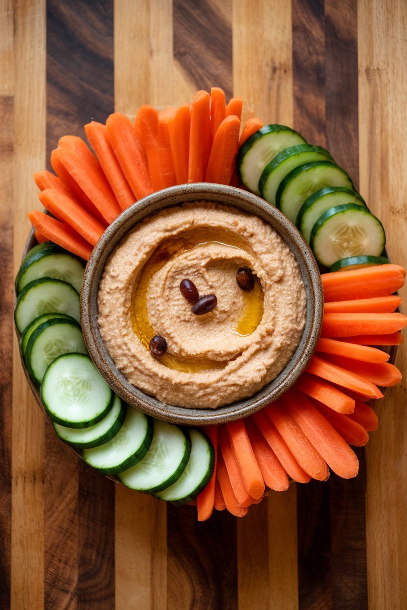 Indoor photo of a bowl of creamy hummus surrounded by carrot sticks, cucumber rounds, and bell pepper strips, no text or logos.