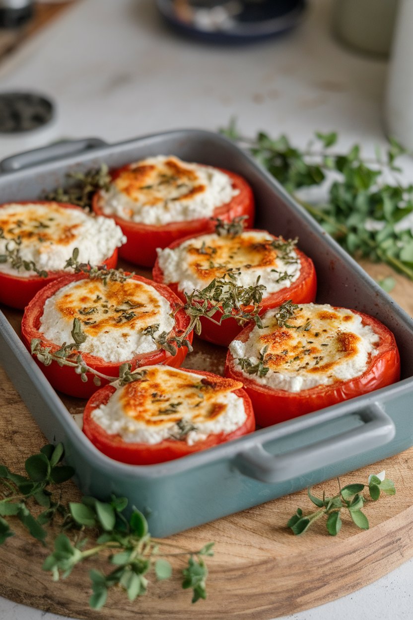 An indoor baking dish with halved tomatoes filled with bubbly feta and herbs, cheese lightly browned; no branding visible.