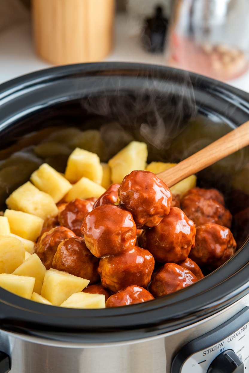 An indoor slow cooker with pineapple chunks and glazed meatballs, steam rising, a wooden spoon rests inside. No text or logos. Photo, not illustration.