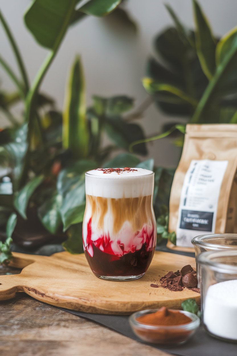 An indoor specialty coffee bar with a stemless glass of layered cold-brew hibiscus latte, red bottom fading into milky top. No text or logos. Photo.