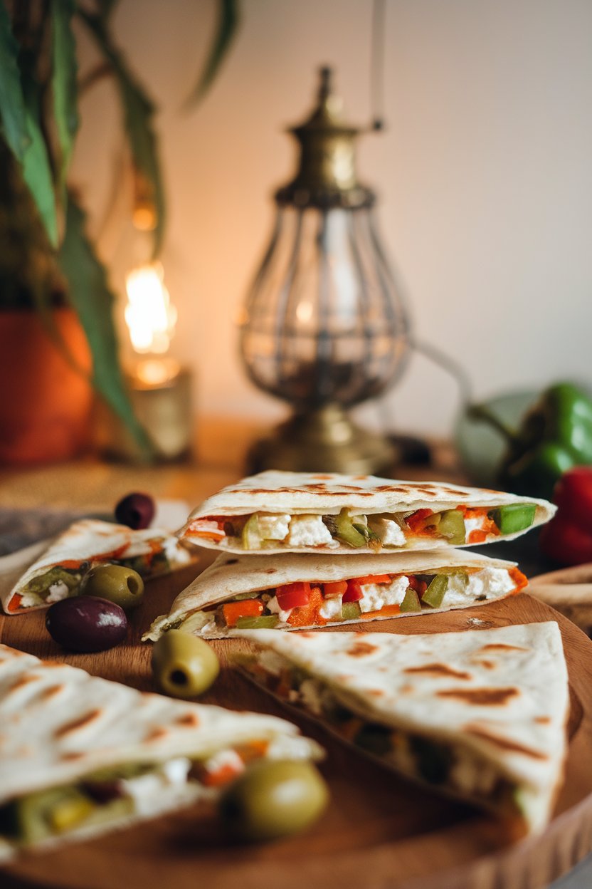 Warm indoor scene with feta-packed veggie quesadilla triangles, olives and peppers visible, no branding.