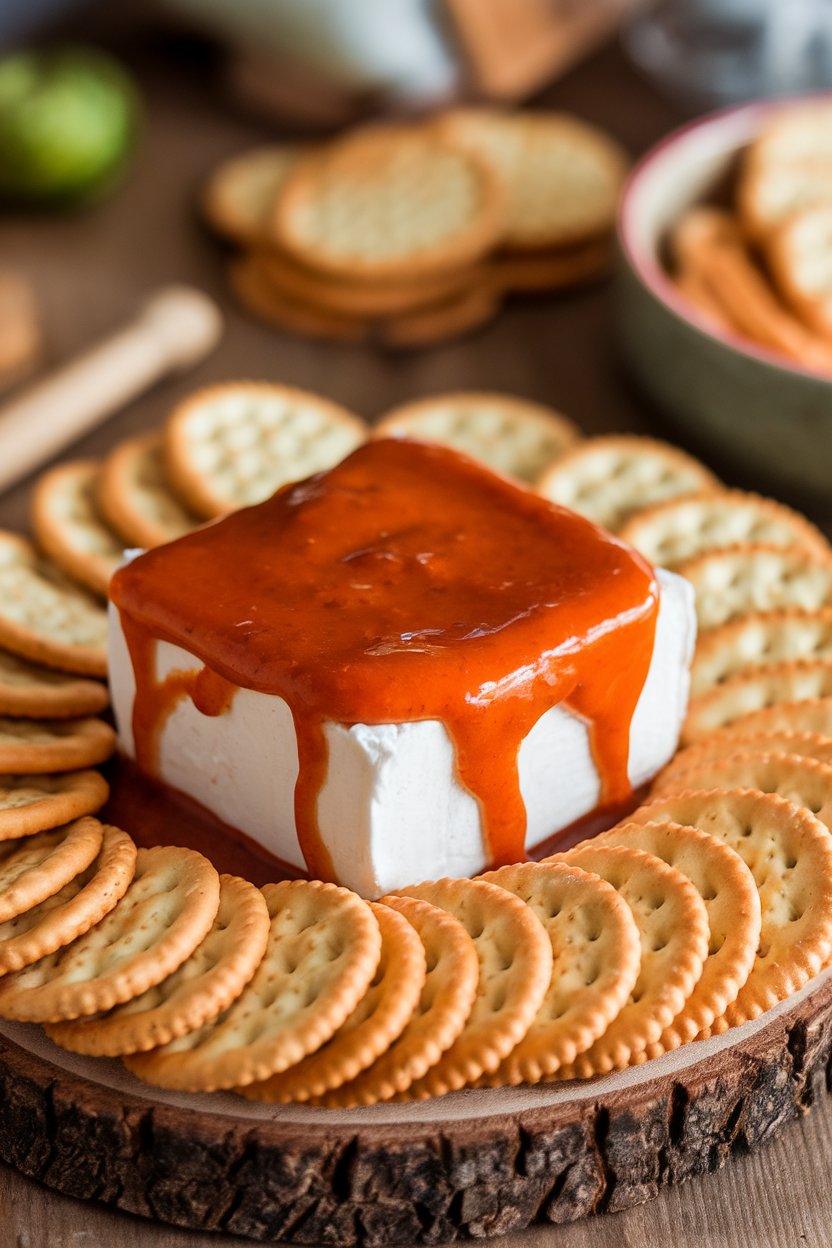 Indoor appetizer spread showing a block of cream cheese blanketed by glossy Thai sweet chili sauce, crackers arranged around it. No text or logos in frame.