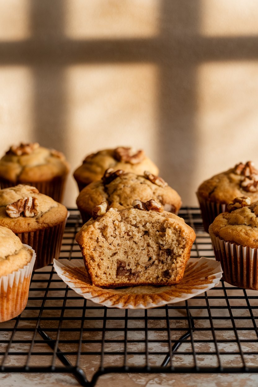 A cooling rack indoors with several golden banana nut muffins, one broken open to reveal a moist crumb, walnuts visible. No text or logos.